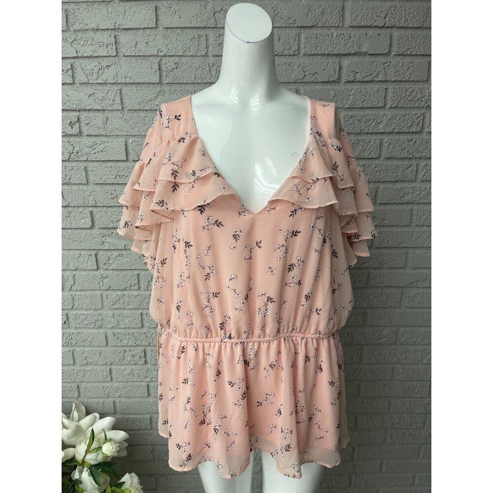 Lane Bryant Women's Pink Floral Ruffle Sleeve Blouson Blouse Size 18